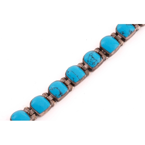 81 - A Thomas Singer cuff bracelet set with turquoise nuggets, and another turquoise line bracelet; the b... 