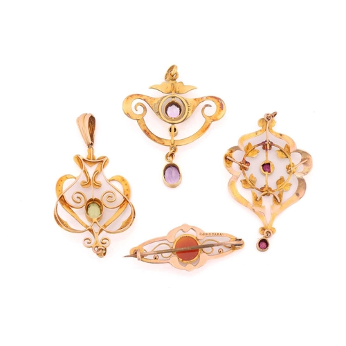 87 - Three gem-set pendants and a cameo bar brooch; including an Edwardian scrolled pendant with floral d... 