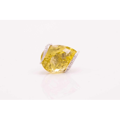 90 - A pair of large citrine earrings, each comprising a pear-shaped chequerboard-cut citrine of lemon ye... 