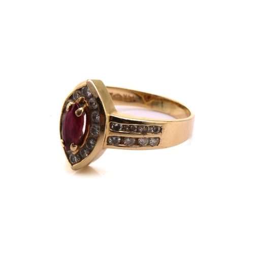 91 - A 14ct yellow gold, diamond, and ruby ring, centred with a marquise-cut ruby measuring approximately... 