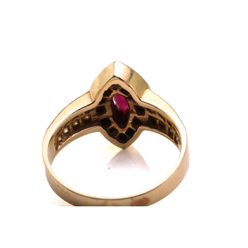 91 - A 14ct yellow gold, diamond, and ruby ring, centred with a marquise-cut ruby measuring approximately... 