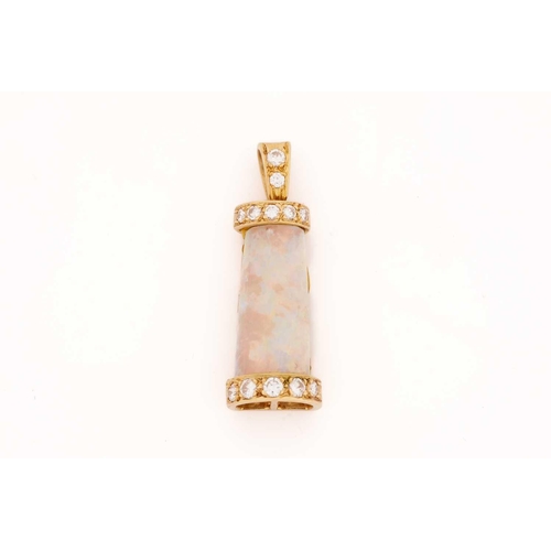 94 - An opal and diamond pendant, the tapering rectangular opal cabochon, with good blue/orange play of c... 