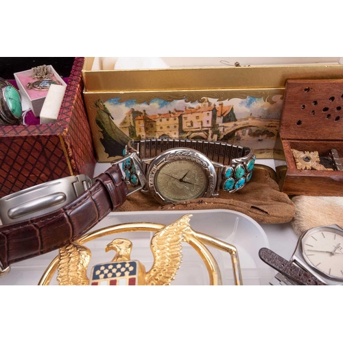 96 - A Victorian jewellery box and a quantity of costume jewellery and fashion watches, including a Scand... 