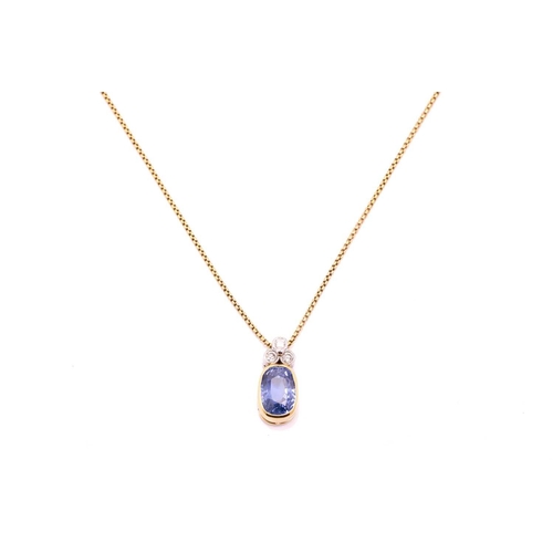 99 - A sapphire and diamond pendant on chain, the rub over set oval mixed cut sapphire, approximately 3.5... 