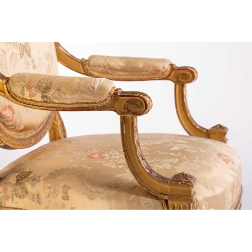 102 - In the manner of George Jacob; a Louis XVI style finely carved wood and gilt gesso fauteuil, late 19... 