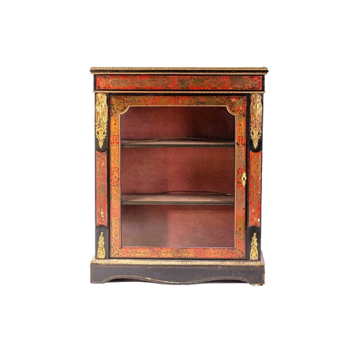 106 - A Victorian ebonized and red Boule marquetry inlaid single door pier cabinet with gilt metal caryati... 