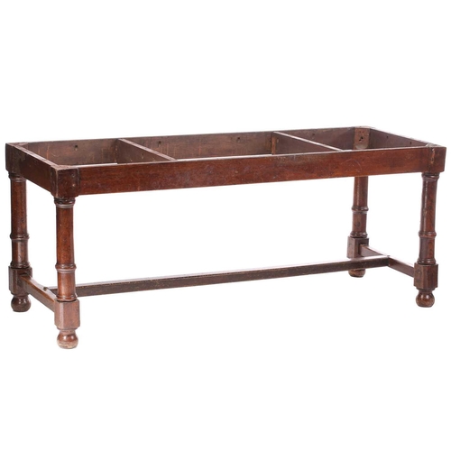 108 - A French rustic oak farmhouse table, 19th century, with cleated scrubbed plank top, supported by sub... 