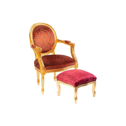 109 - A Louis XVI style gilt wood fauteuil, 20th century, with cameo back and ribbon carved outline, acant... 