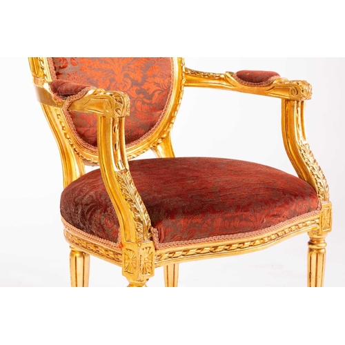 109 - A Louis XVI style gilt wood fauteuil, 20th century, with cameo back and ribbon carved outline, acant... 