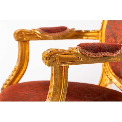 109 - A Louis XVI style gilt wood fauteuil, 20th century, with cameo back and ribbon carved outline, acant... 