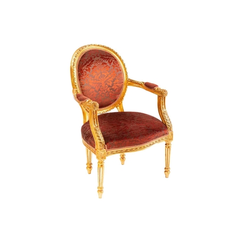 109 - A Louis XVI style gilt wood fauteuil, 20th century, with cameo back and ribbon carved outline, acant... 