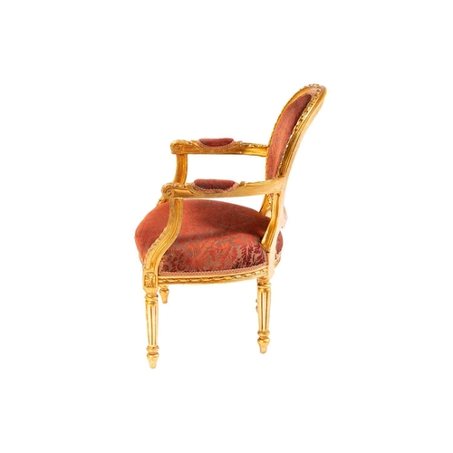 109 - A Louis XVI style gilt wood fauteuil, 20th century, with cameo back and ribbon carved outline, acant... 