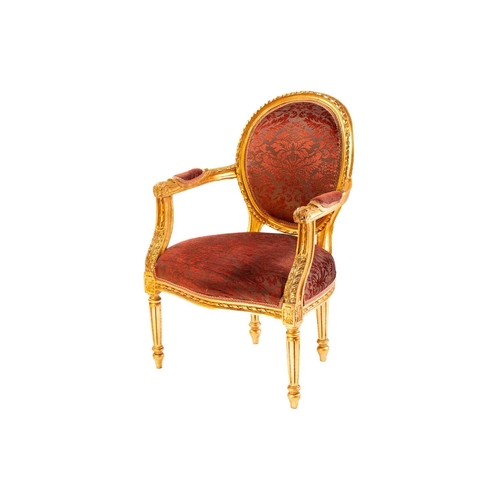 109 - A Louis XVI style gilt wood fauteuil, 20th century, with cameo back and ribbon carved outline, acant... 