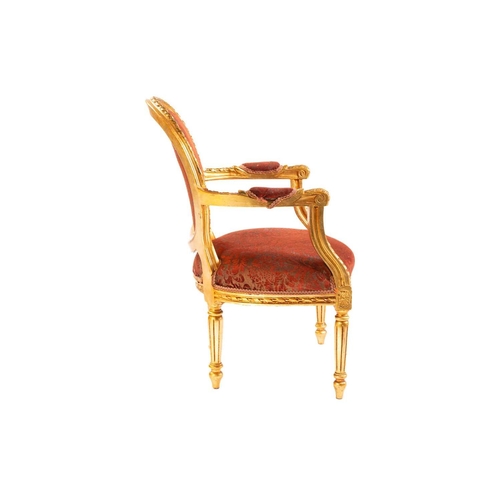 109 - A Louis XVI style gilt wood fauteuil, 20th century, with cameo back and ribbon carved outline, acant... 