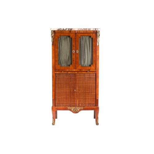 113 - A Louis XVI style marble topped rosewood music cabinet, late 19th/20th century, with a pair of tulip... 