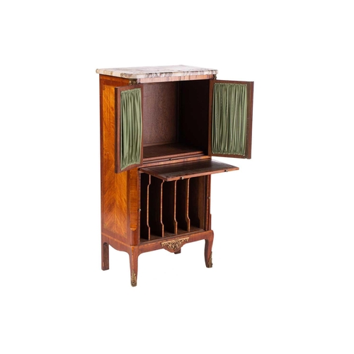 113 - A Louis XVI style marble topped rosewood music cabinet, late 19th/20th century, with a pair of tulip... 