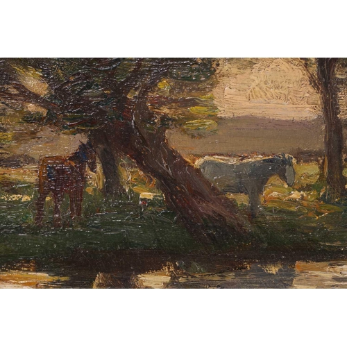 12 - Arthur A Friedenson (Staithes Group 1872-1955), rural landscape, horses beside a lake, oil on canvas... 