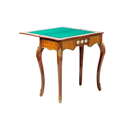 120 - A Louis XV style mahogany and cube parquetry fold over serpentine gaming table, 20th century, the sh... 