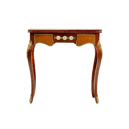 120 - A Louis XV style mahogany and cube parquetry fold over serpentine gaming table, 20th century, the sh... 