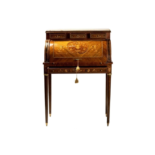 121 - A Louis XVI style marble topped king bureau de cylinder, 20th/21st century, with tulipwood crossband... 