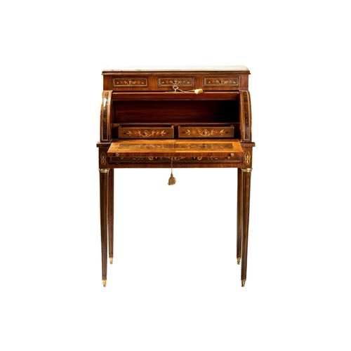 121 - A Louis XVI style marble topped king bureau de cylinder, 20th/21st century, with tulipwood crossband... 