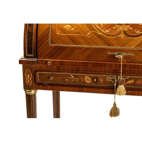 121 - A Louis XVI style marble topped king bureau de cylinder, 20th/21st century, with tulipwood crossband... 