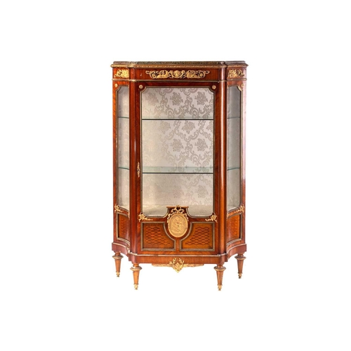 124 - A French Louis XVI style mahogany single door marble topped vitrine, late 19th century, of concave c... 