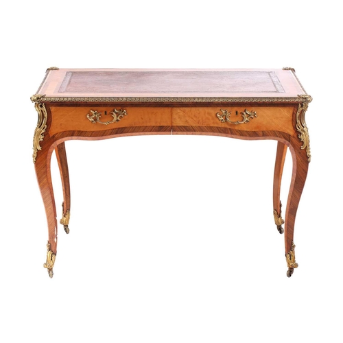 127 - A Louis XV-style satinwood and Kingwood crossbanded bureau plat, late 19th century, with tooled Moro... 