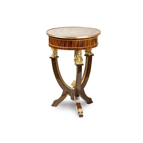 132 - A French Empire-style circular rosewood gueridon table with a floral painted top, 20th century, with... 