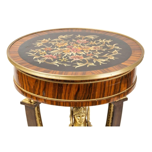 132 - A French Empire-style circular rosewood gueridon table with a floral painted top, 20th century, with... 