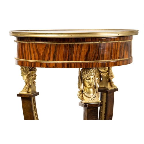 132 - A French Empire-style circular rosewood gueridon table with a floral painted top, 20th century, with... 