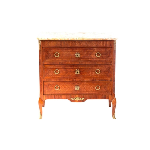 137 - An French Louis XVI style marble topped three drawer rosewood commode, early 20th century with geome... 