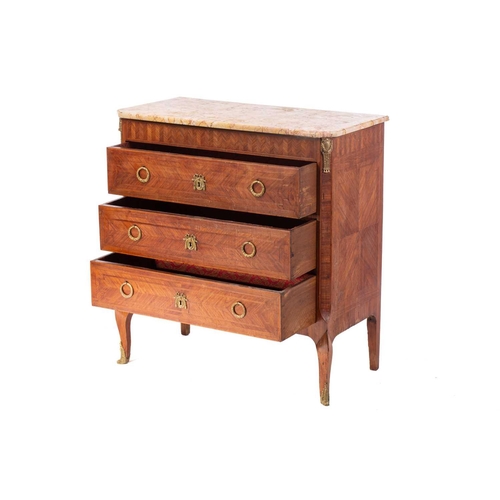 137 - An French Louis XVI style marble topped three drawer rosewood commode, early 20th century with geome... 