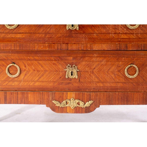 137 - An French Louis XVI style marble topped three drawer rosewood commode, early 20th century with geome... 