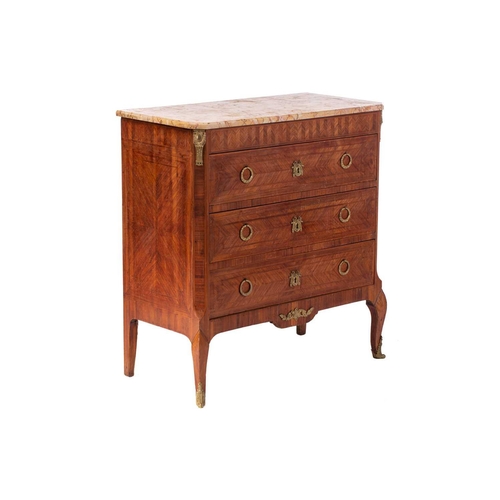 137 - An French Louis XVI style marble topped three drawer rosewood commode, early 20th century with geome... 