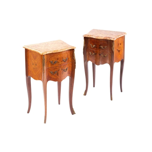 138 - A matched pair of Louis XV style marble topped king wood and tulipwood two drawer petit commodes, 20... 