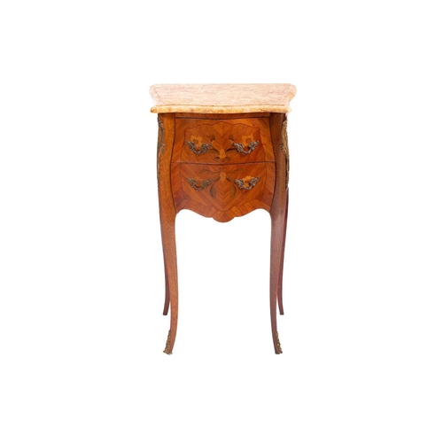 138 - A matched pair of Louis XV style marble topped king wood and tulipwood two drawer petit commodes, 20... 