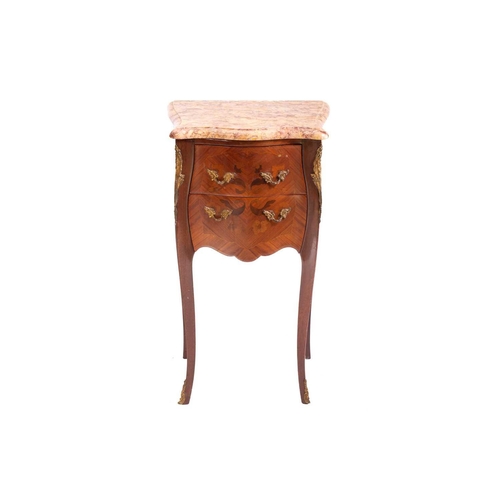 138 - A matched pair of Louis XV style marble topped king wood and tulipwood two drawer petit commodes, 20... 