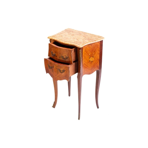 138 - A matched pair of Louis XV style marble topped king wood and tulipwood two drawer petit commodes, 20... 