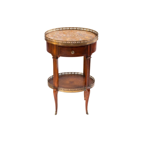 139 - A French Napoleon III style mahogany oval table en chiffonier with marble top, 20th century, with pi... 