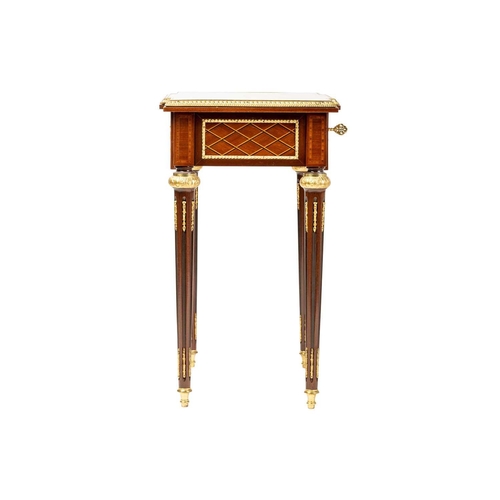 140 - A Louis XVI style mahogany and trellis parquetry break front side table, 20th century with a single ... 