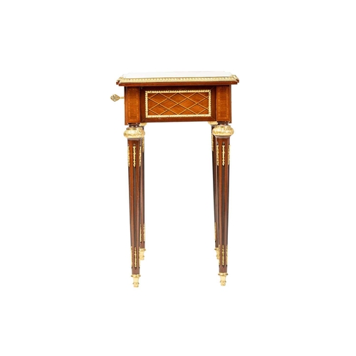 140 - A Louis XVI style mahogany and trellis parquetry break front side table, 20th century with a single ... 