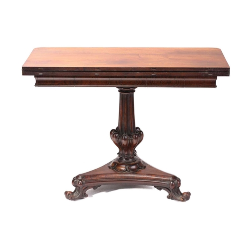 146 - An early Victorian figured rosewood rectangular fold-over tea table with cross grain frieze and carv... 