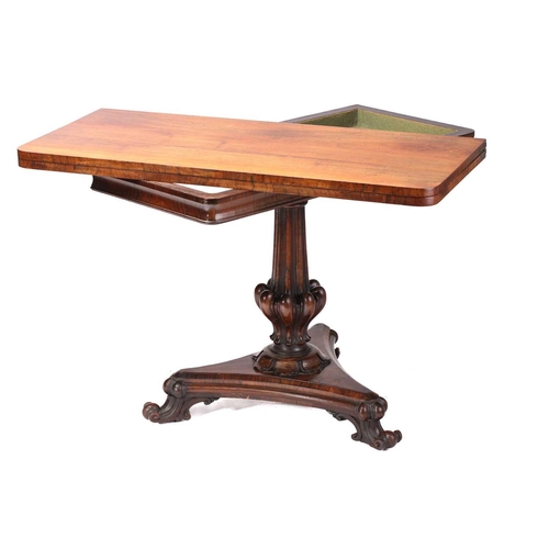 146 - An early Victorian figured rosewood rectangular fold-over tea table with cross grain frieze and carv... 