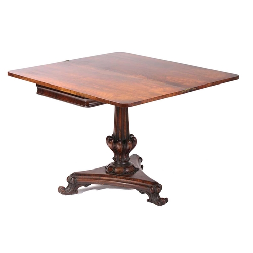 146 - An early Victorian figured rosewood rectangular fold-over tea table with cross grain frieze and carv... 