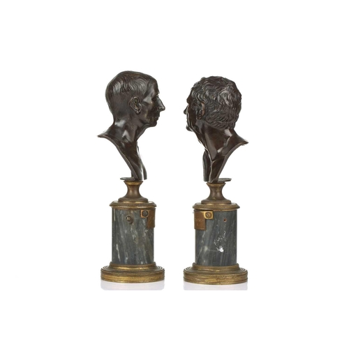 161 - A pair of 19th-century hollow cast bronze busts, 'Cicero' and 'Demosthenes', after the antique, on c... 