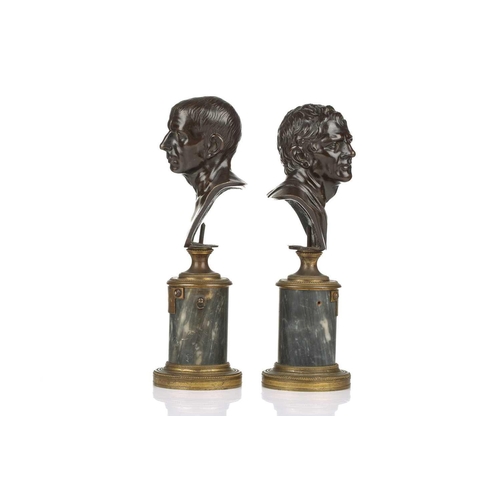 161 - A pair of 19th-century hollow cast bronze busts, 'Cicero' and 'Demosthenes', after the antique, on c... 