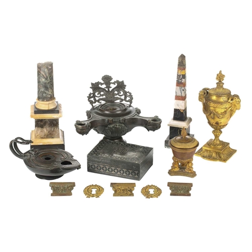 164 - A collection of small grand tour items including a late grand tour cast bronze model of an ancient R... 