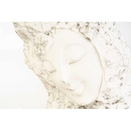 166 - An Oriental-carved white marble bust study of an Asian lady peering from the interior of the stone. ... 