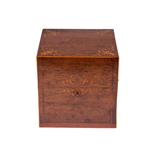 167 - A Victorian marquetry inlaid rosewood liqueur box, the hinged cover inlaid with the legend 